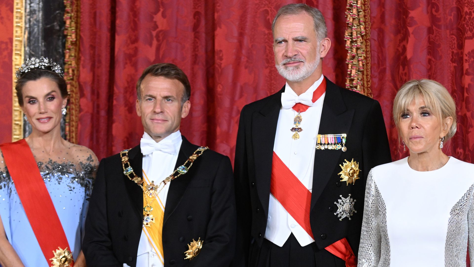 King Felipe VI and Queen Letizia, and the President of the French Republic, Emmanuel Macron, and his wife, Brigitte Macron, during the gala dinner held in their honour at the Royal Palace
