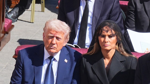 US President Donald Trump and First Lady Melania Trump attend Pope Francis' funeral mass in St. Peter's Square at the Vatican