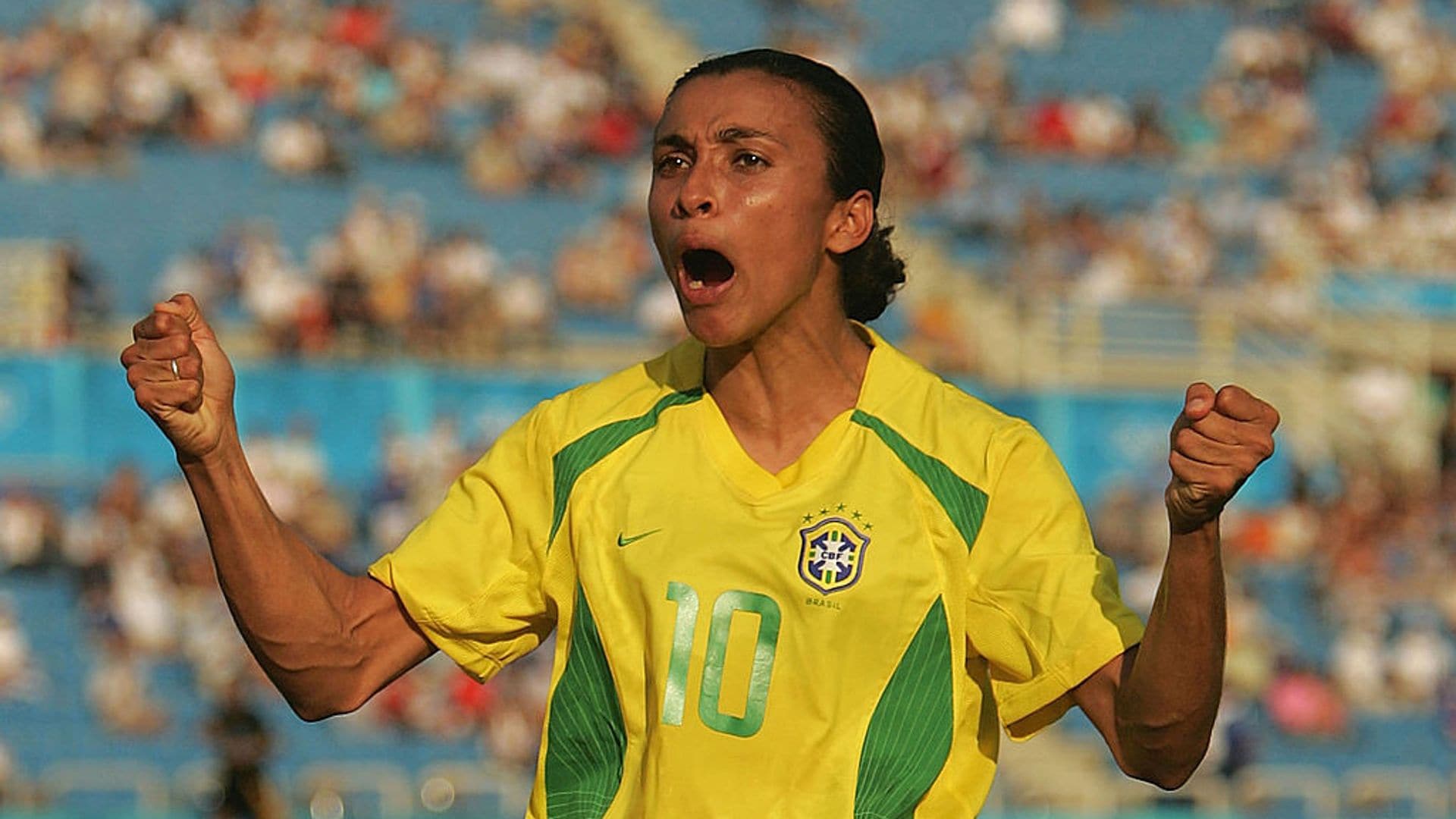 Marta #10 for Brazil celebrates a goal against Australia in the women's football preliminary match on August 11, 2004 during the Athens 2004 Summer Olympic Games at Kaftanzoglio Stadium in Thessaloniki, Greece.