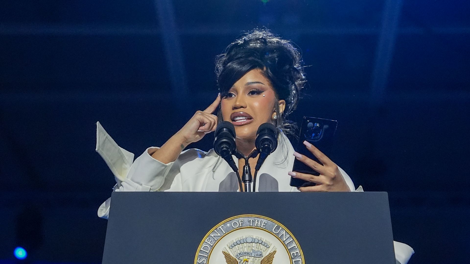 Cardi B speaks during a campaign rally for Democratic presidential nominee, U.S. Vice President Kamala Harris, at the Wisconsin State Fair Park Exposition Center on November 1, 2024, in West Allis, Wisconsin. With four days until election day, Vice President Kamala Harris is campaigning in Wisconsin. (Photo by Andrew Harnik/Getty Images)