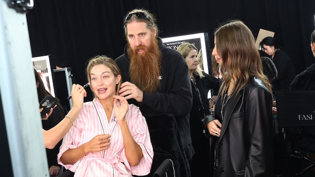 Gigi Hadid prepares backstage at the Victoria's Secret Fashion Show 2024 on October 15, 2024 in New York City. (Photo by Arturo Holmes/Getty Images for Victoria's Secret)