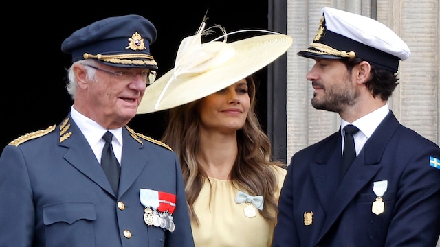 STOCKHOLM, SWEDEN - SEPTEMBER 15: King Carl XVI Gustaf of Sweden, Princess Sofia of Sweden, Prince Carl Phillip of Sweden and Crown Princess Victoria of Sweden during the Changing of the Guards and Choir tribute at the celebration of the 50th coronation anniversary of King Carl Gustav of Sweden on September 15, 2023 in Stockholm, Sweden. (Photo by Michael Campanella/Getty Images)