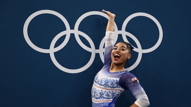 Hillary Heron of Team Panama poses for a photo with the Olympic Rings during the Artistic Gymnastics Women's Qualification on day two of the Olympic Games Paris 2024 at Bercy Arena on July 28, 2024, in Paris, France. 