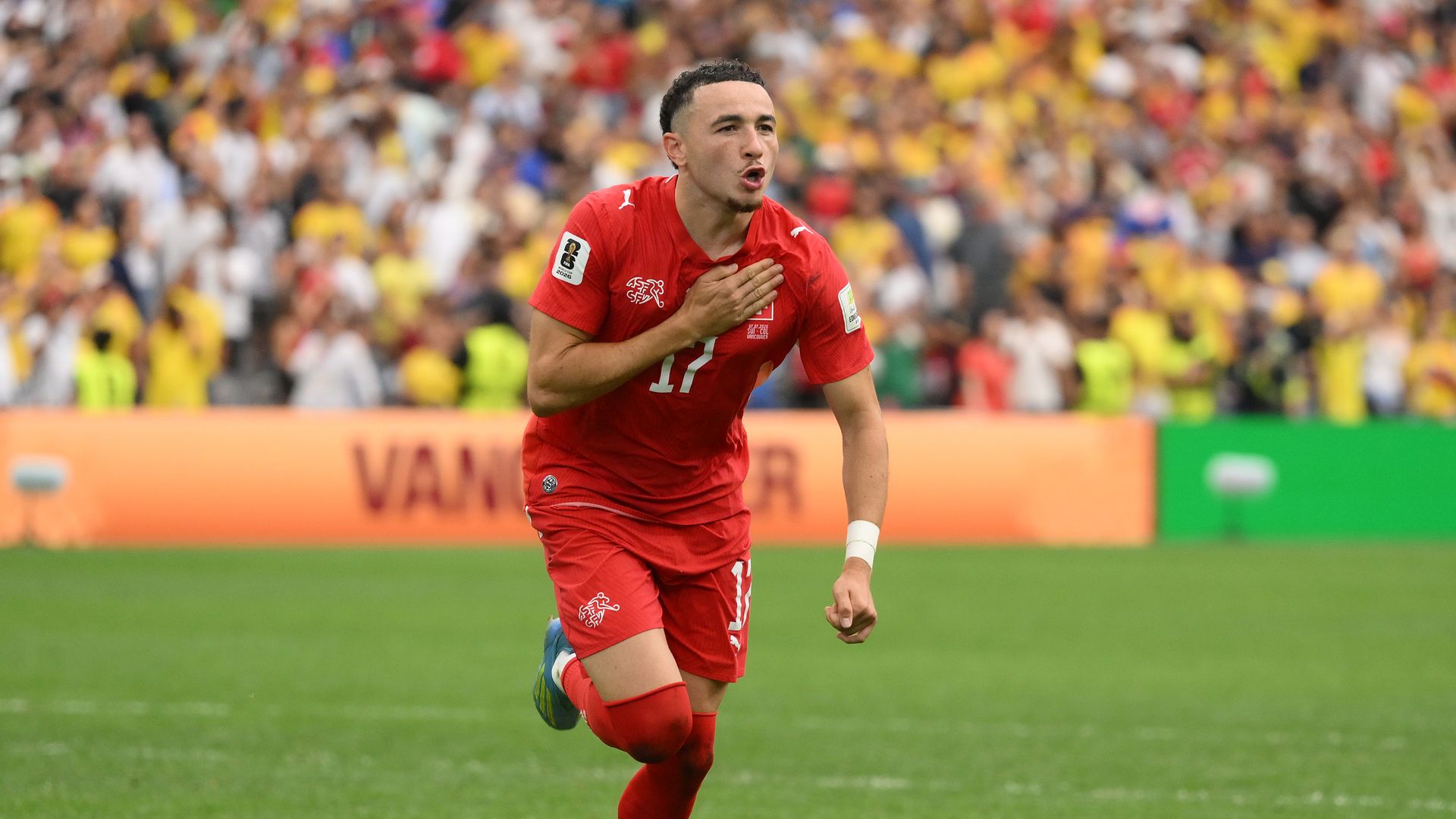 Ruben Vargas #17 of Switzerland celebrates after scoring the fifth and winning penalty in a penalty shootout during the FIFA World Cup 2026 Round of 16 match between Switzerland and Colombia at BC Place Vancouver on July 07, 2026 in Vancouver, British Columbia, Canada. (Photo by David Ramos/Getty Images)