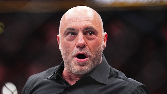  Joe Rogan reacts to the knockout win by Max Holloway in the BMF championship fight during the UFC 300 event at T-Mobile Arena on April 13, 2024 in Las Vegas, Nevada. 