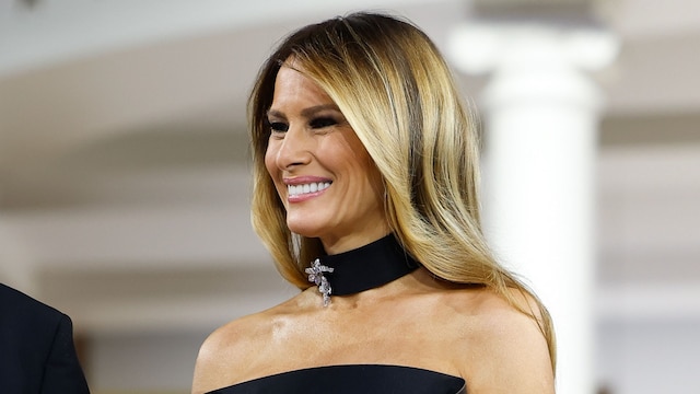 Melania Trump steps out in ivory skirt suit and denim stilettos 