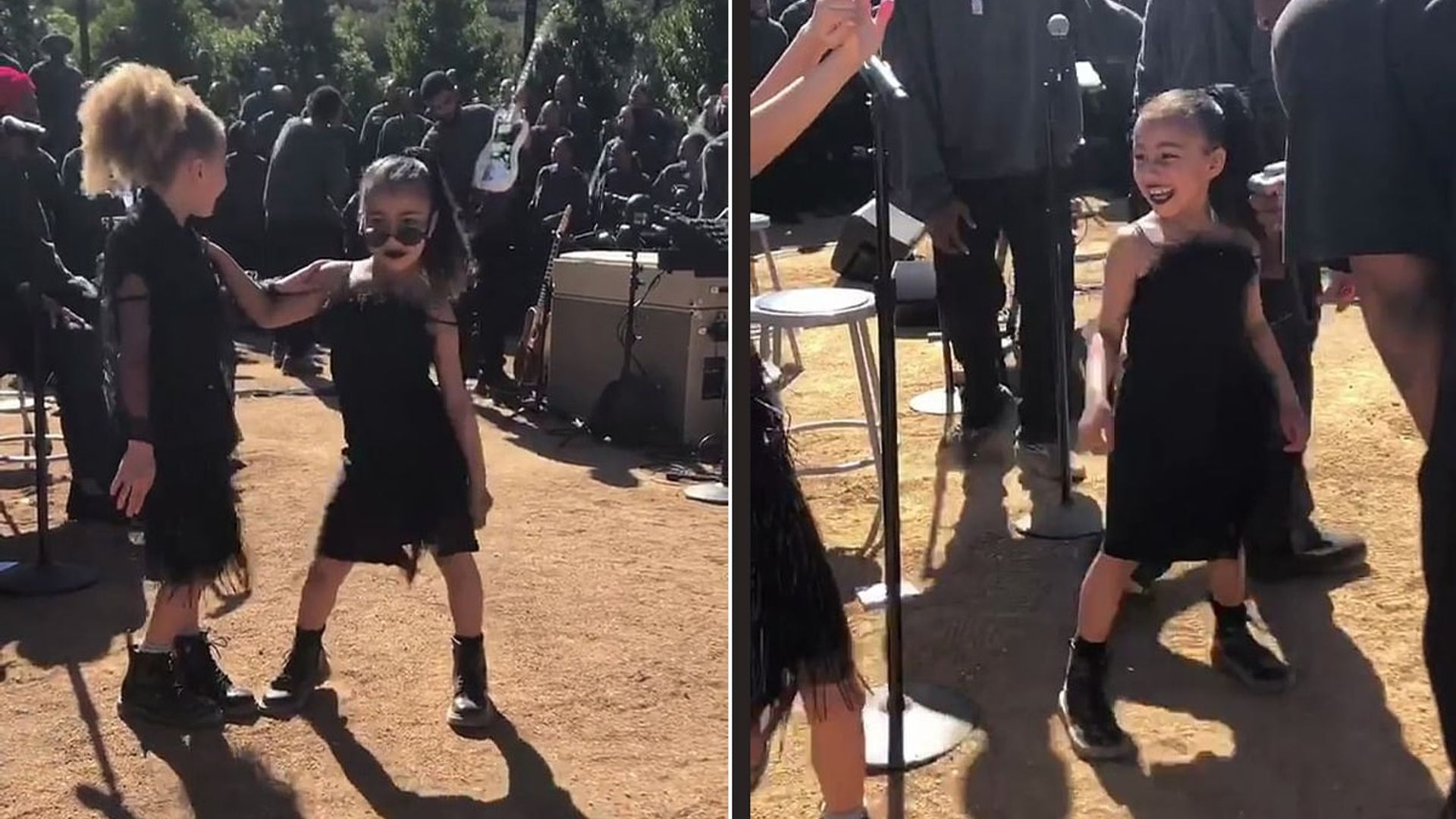 North West goes goth in black dress, boots and matching lipstick at Kanye's church concert