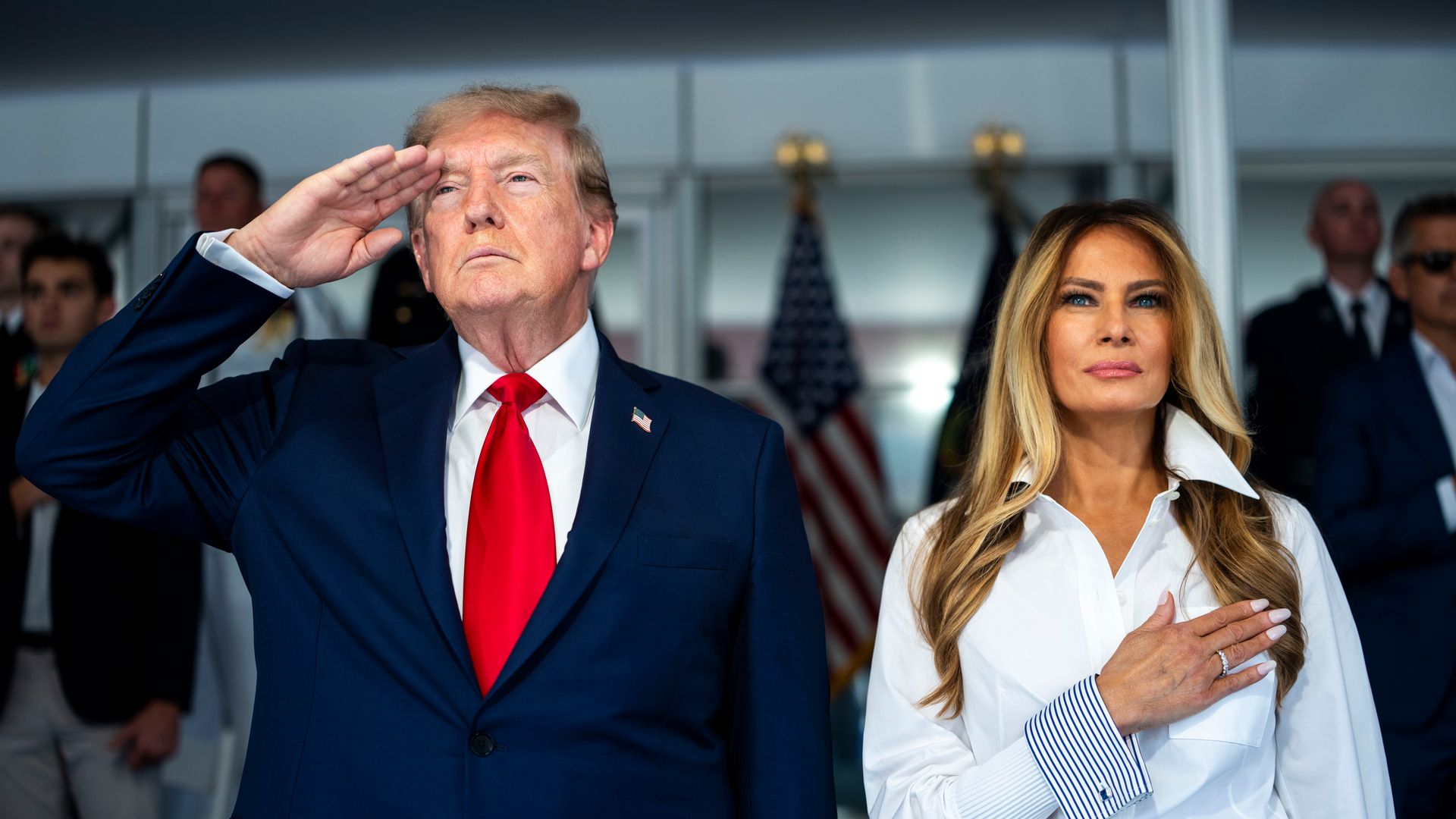 President Donald Trump and First Lady Melania Trump during the National Anthem at the start of the NTT INDYCAR Series on August 23, 2026