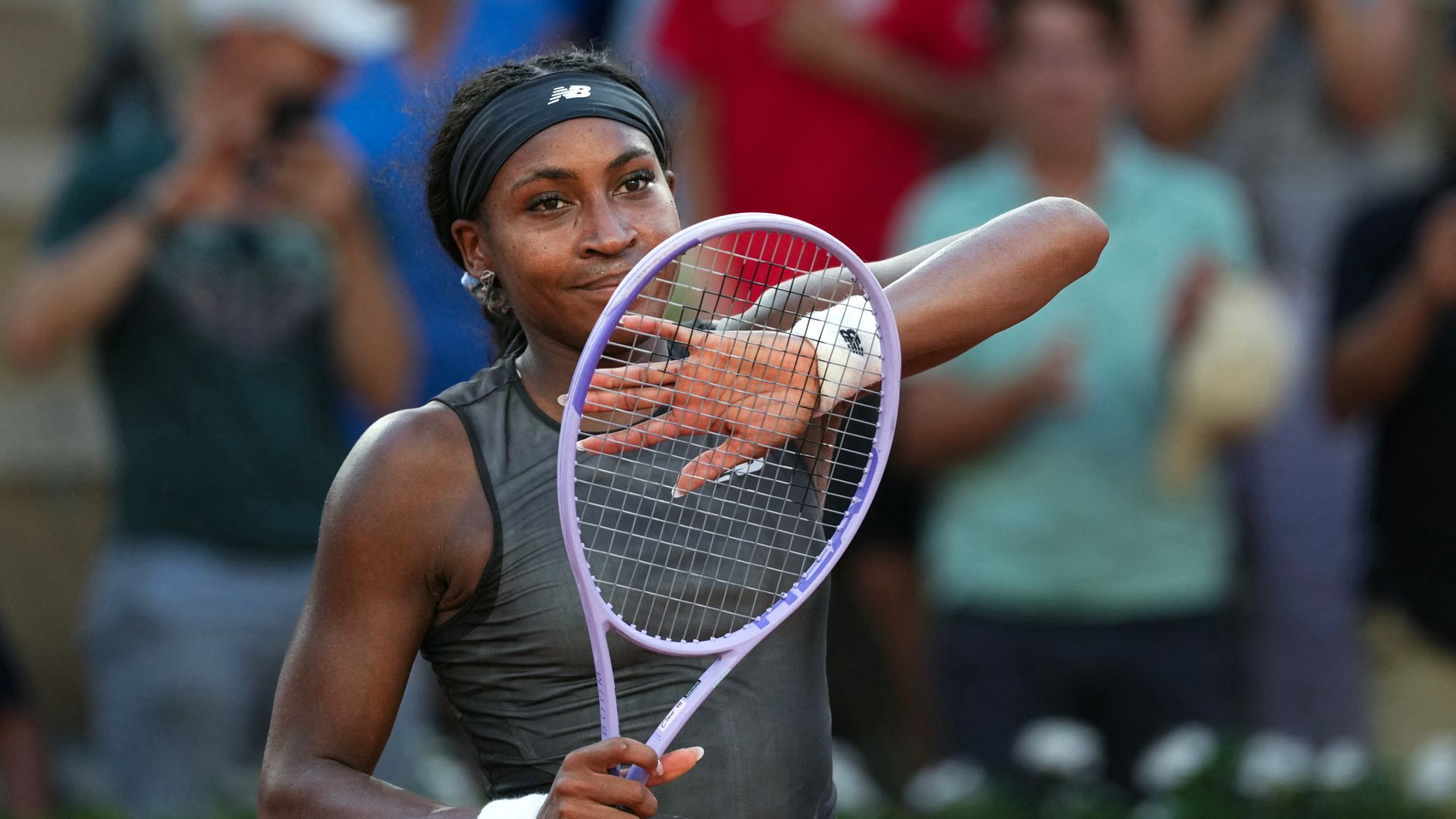 US Coco Gauff celebrates after winning against Egypt's Mayar Sherif at the end of their women's singles match on day 5 of the French Open tennis tournament on Court Suzanne-Lenglen at the Roland-Garros Complex in Paris on May 28, 2026. (Photo by Dimitar DILKOFF / AFP via Getty Images)