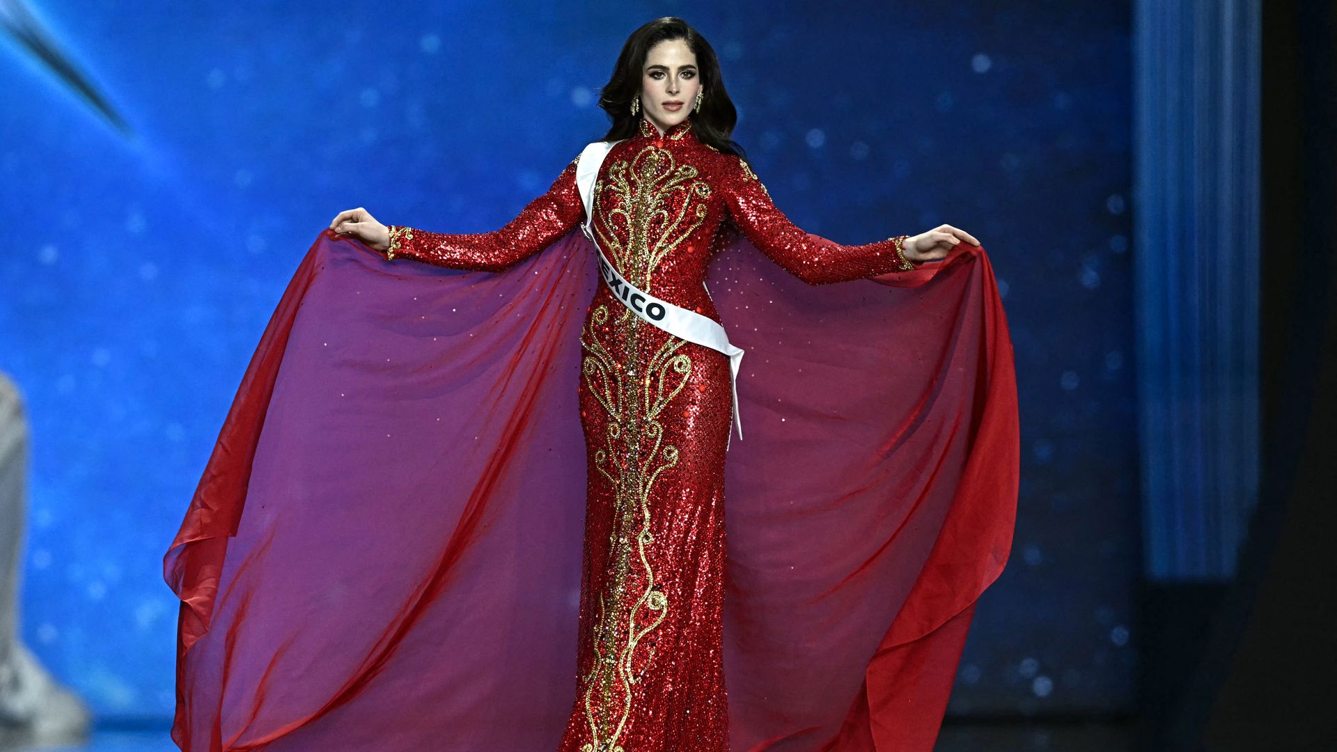 Miss Mexico Fatima Bosch takes part in the final competition of the 2025 Miss Universe pageant in Nonthaburi, north of Bangkok, on November 21, 2025. (Photo by Lillian SUWANRUMPHA / AFP) (Photo by LILLIAN SUWANRUMPHA/AFP via Getty Images)