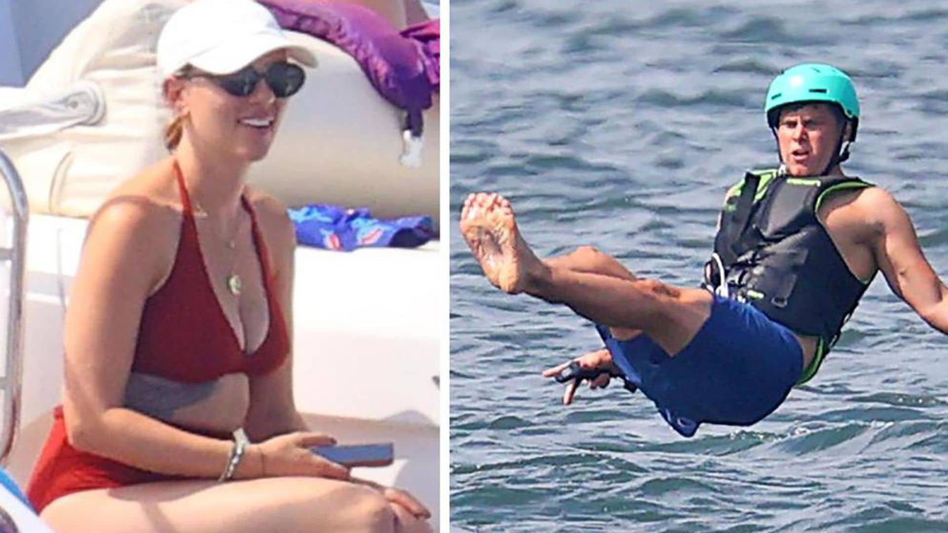 Scarlett Johansson rocks a red bikini with Colin Jost at the Hamptons