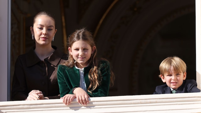 India Casiraghi, Prince Jacques of Monaco, and Princess Alexandra of Hanover on the Monaco Palace balcony during National Day celebrations.