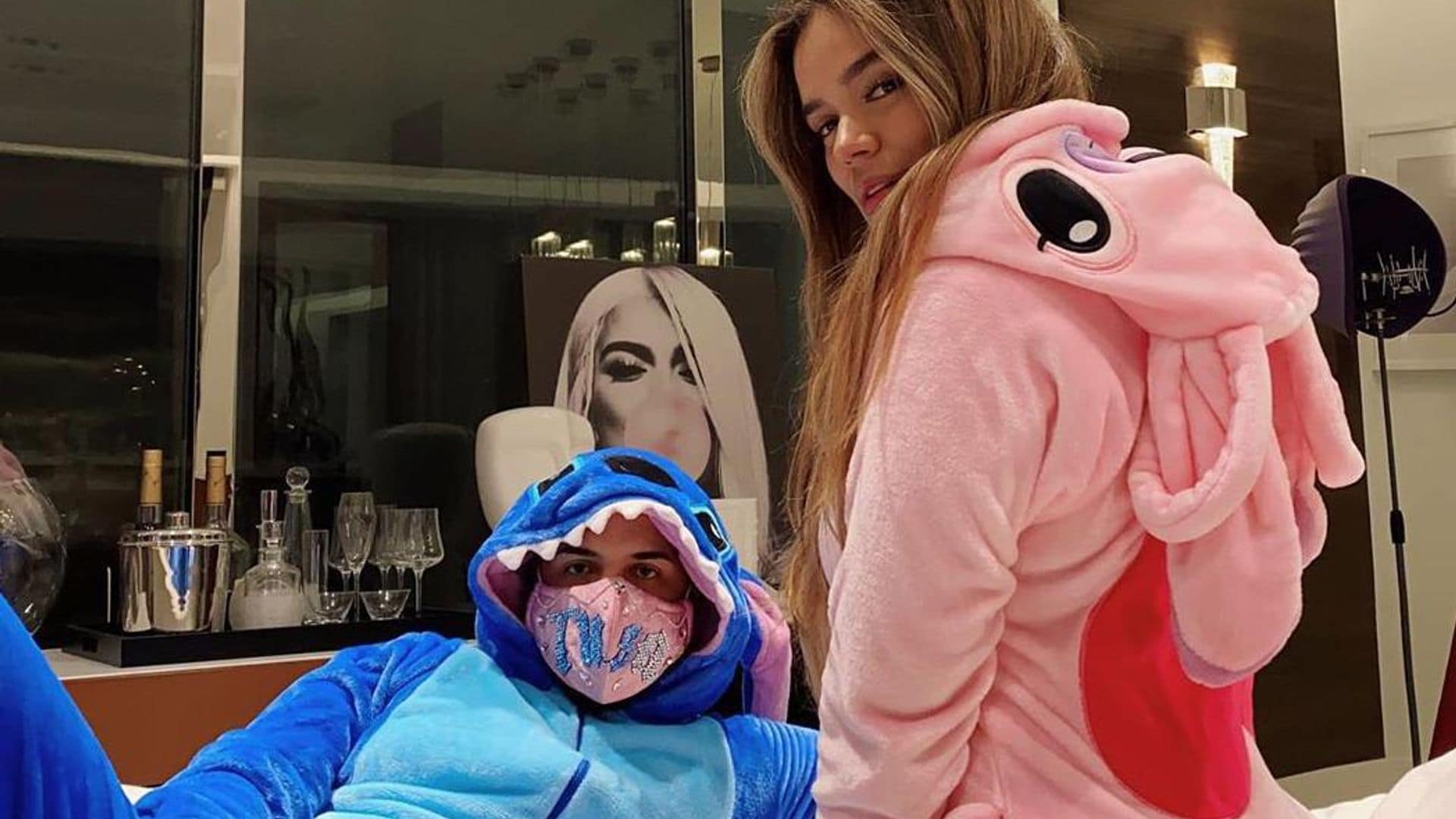 Anuel AA and Karol G show off their quarantine style in the sweetest Lilo and Stitch onesies