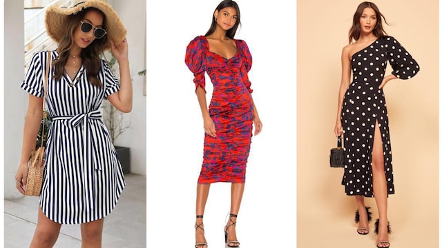 Striped dresses by Shein, printed and puff sleeve dresses by For Love & Lemons, and an asymmetrical polka dot dress by Lulus