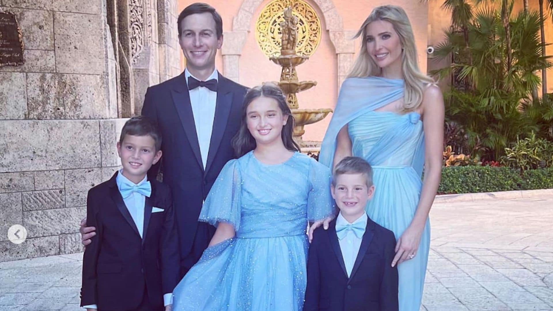 Ivanka Trump dazzled in an elegant sky blue gown at Tiffany’s wedding, color-coordinated with her kids [Photos]