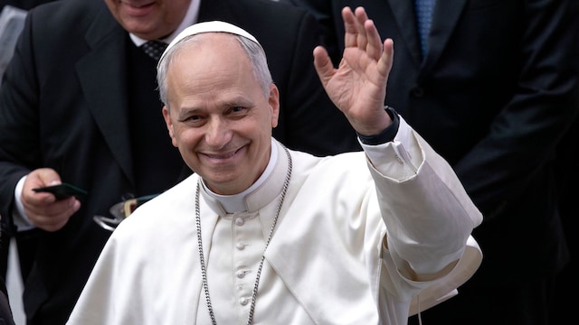 Pope Leo XIV May 2025 while meeting media representatives in the Vatican