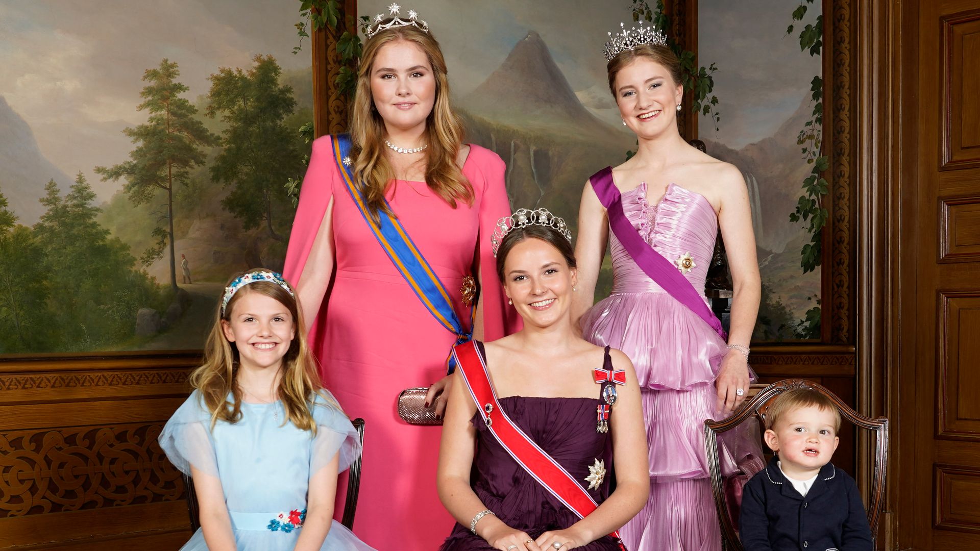 Norway's Princess Ingrid Alexandra posing with Princess Estelle of Sweden, Prince Charles of Luxembourg, Catharina-Amalia, Princess of Orange, and Princess Elisabeth, Duchess of Brabant on Ingrid's 18th birthday.