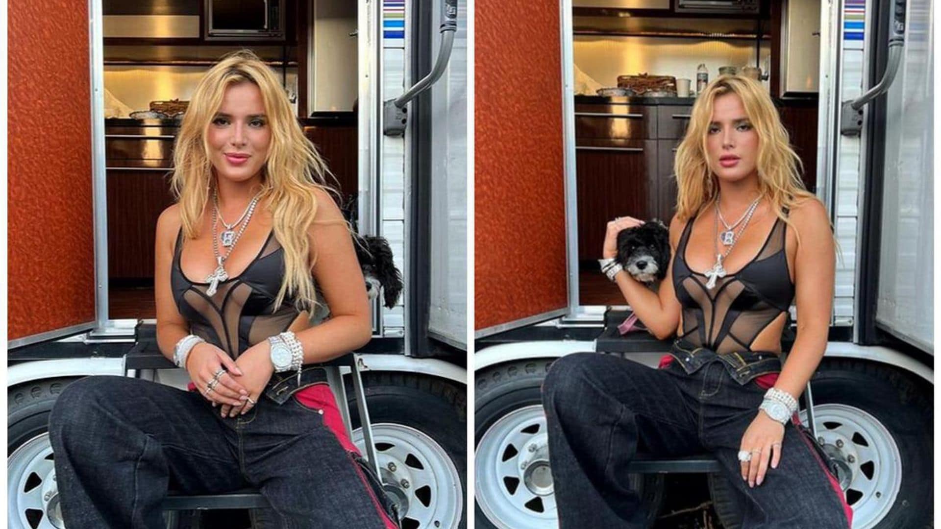 Bella Thorne looks stunning in a see-through top and stylish jeans