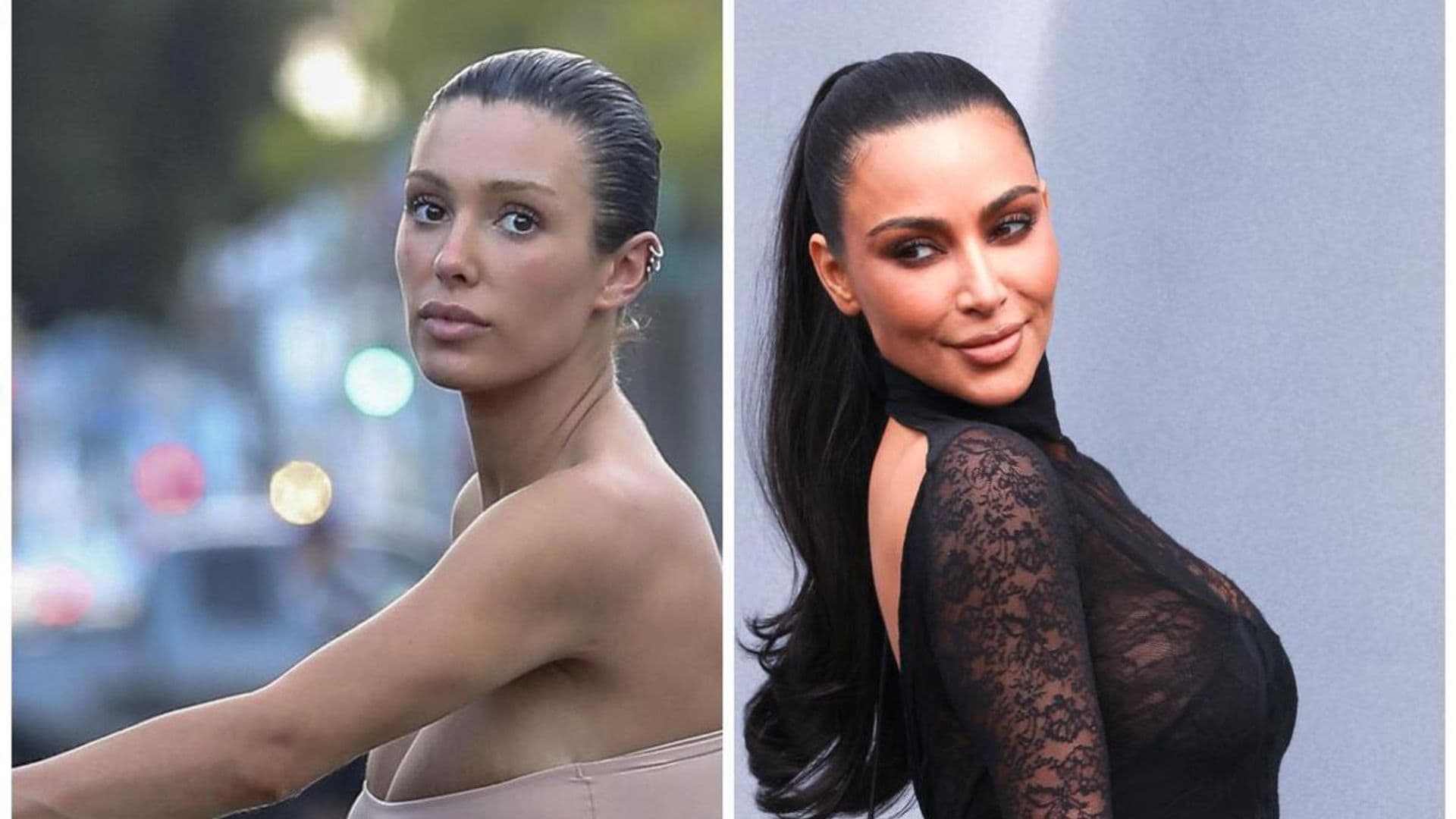 Bianca Censori and Kim Kardashian twinning in metallic bikini