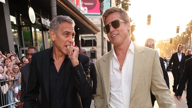 George Clooney (L) and Brad Pitt attend Apple Original Filmsâ U.S. premiere screening of âWolfsâ at TCL Chinese Theatre on September 18, 2024 in Hollywood, California. âWolfsâ opens in select theaters on Friday, September 20, 2024 before streaming globally on Apple TV+ on Friday, September 27, 2024. (Photo by Eric Charbonneau/Apple TV+ via Getty Images)