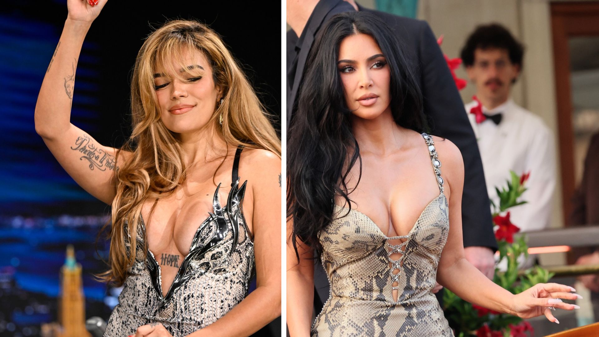 Karol G and Kim Kardashian twinning in snakeskin dresses: Who wore it best?
