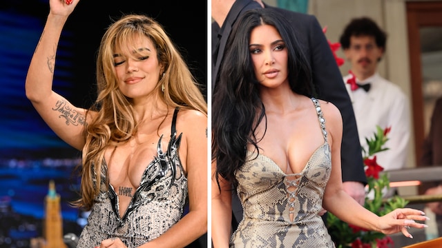 Karol G and Kim Kardashian twinning in snakeskin dresses