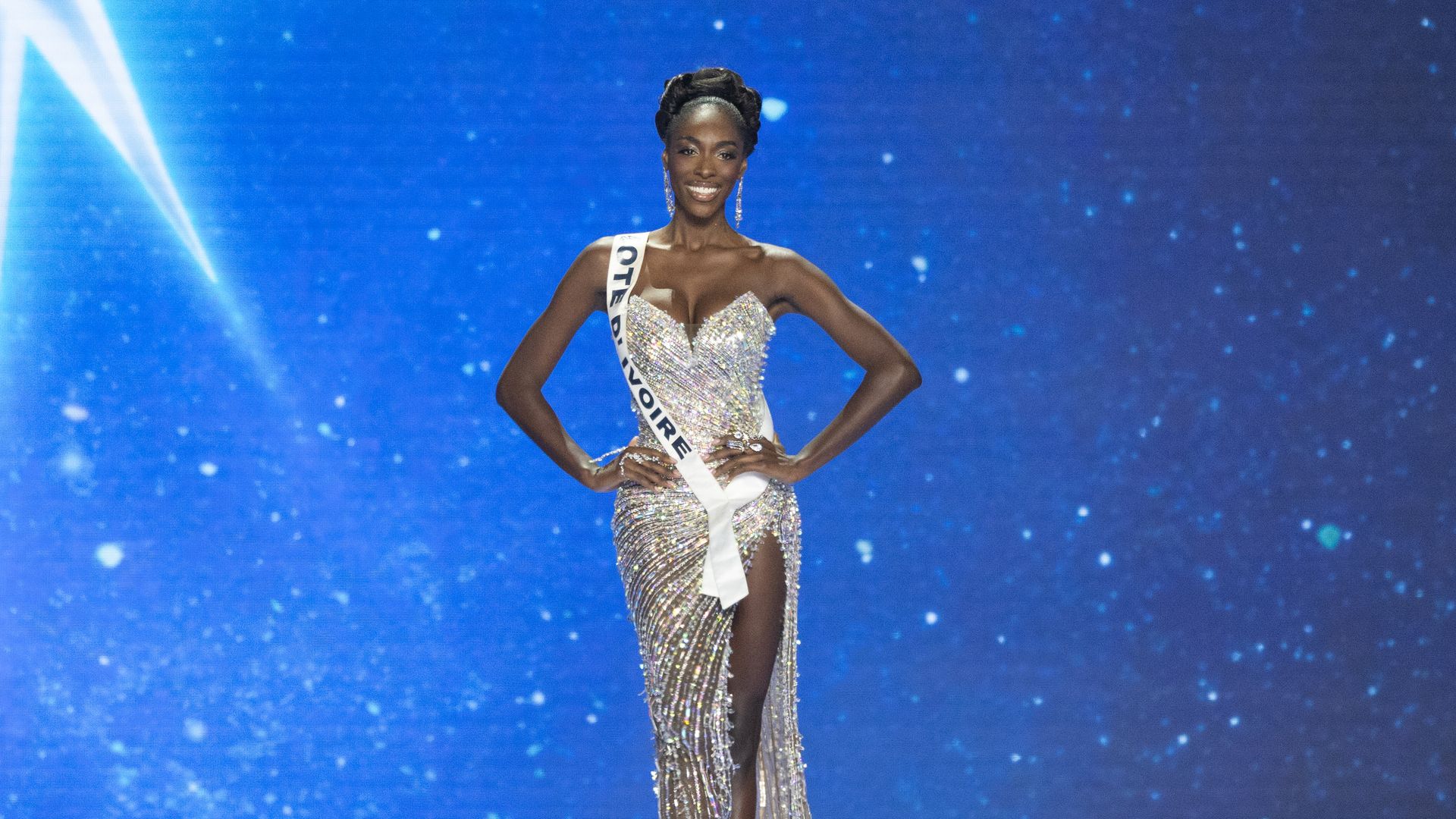 Miss Universe Cote d'Ivoire, Olivia Yace in her evening gown during 74th Miss Universe final competition.
