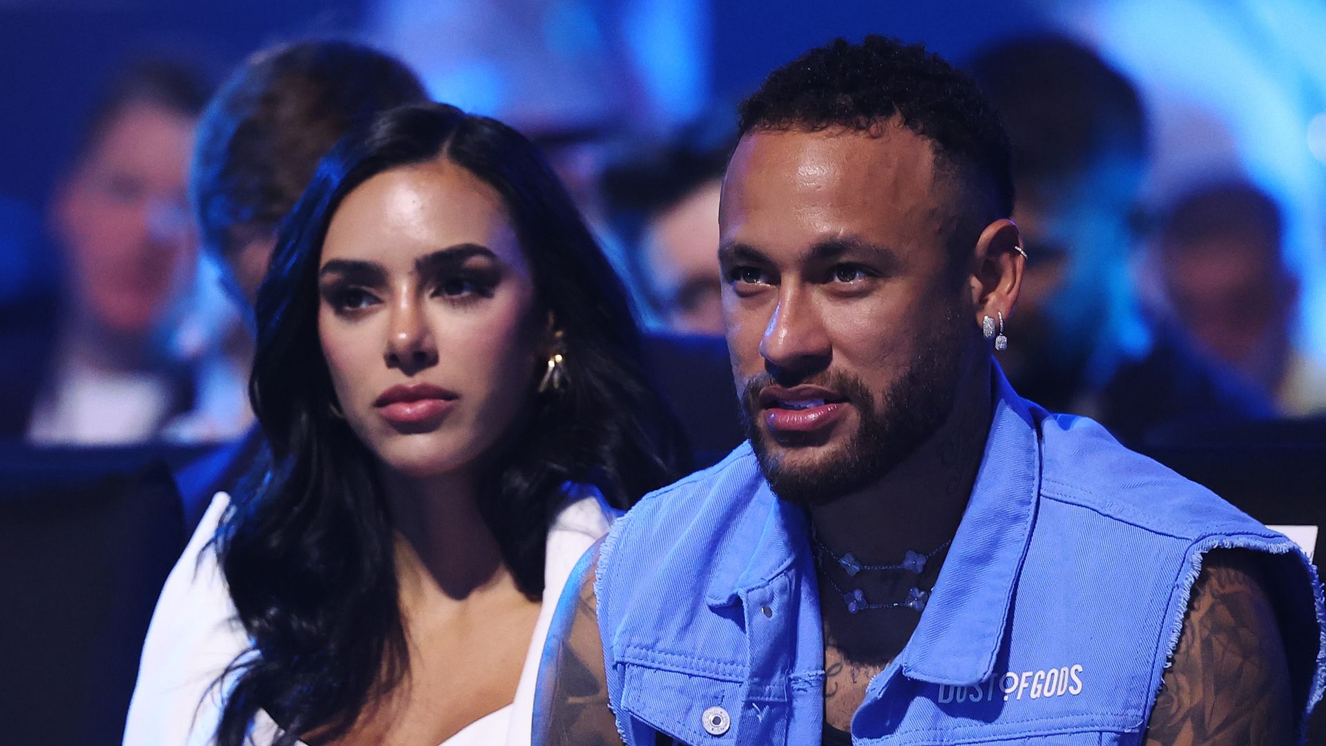 Conor Benn, Bruna Biancardi and Neymar are seen in attendance during the IBO World Middleweight title fight between Chris Eubank Jr and Kamil Szeremeta as part of the Riyadh Season - IV Crown Showdown card at Kingdom Arena on October 12, 2024 in Riyadh. (Photo by Richard Pelham/Getty Images)