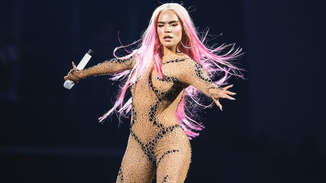 Karol G performs on stage at Santiago Bernabeu Stadium on July 20, 2024, in Madrid, Spain. 