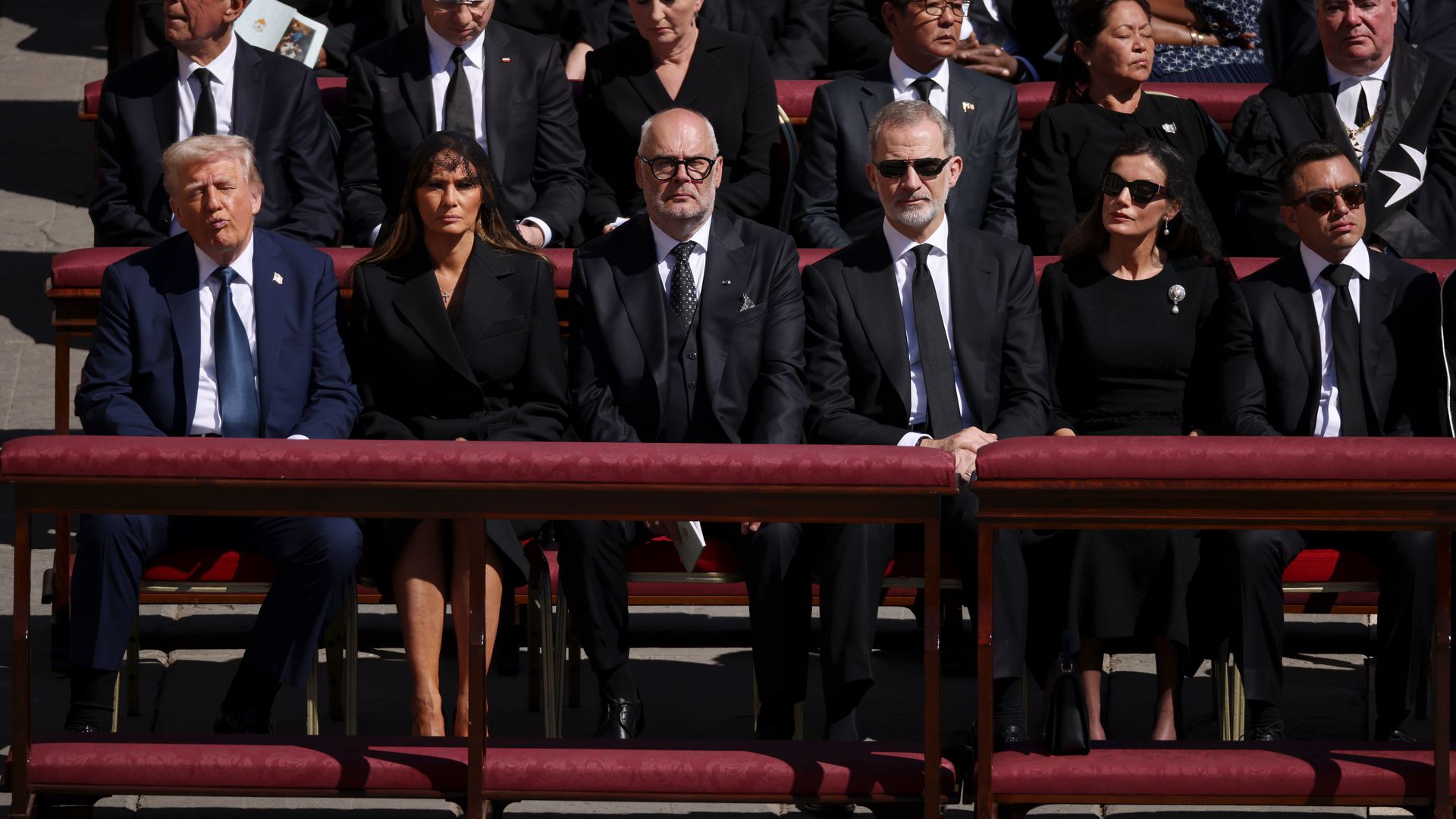 VATICAN CITY, VATICAN - APRILÂ 26: (L-R) US President Donald Trump, US First Lady Melania Trump, Estonian President Alar Karis, King Felipe VI of Spain, Queen Letizia of Spain Ecuador's President Daniel Noboa attend the funeral of Pope Francis in St. Peterâs Square on April 26, 2025 in Vatican City, Vatican. Pope Francis died on April 21st at the age of 88. Born in Argentina as Jorge Mario Bergoglio, he was the first Latin American and the first Jesuit to become Pope when elected in 2013. Taking the name Francis after St Francis of Assisi, he promoted a more humble version of the papacy than many of his predecessors. He will be buried outside of the Vatican in a simple wooden coffin at the Basilica Santa Maria Maggiore.  (Photo by Dan Kitwood/Getty Images)