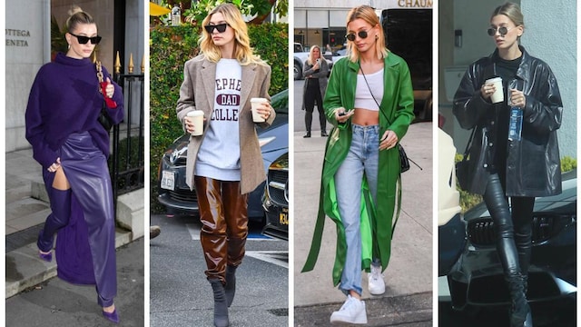 With leather looks that are as modern as they are colorful, Hailey Baldwin shows that this material is still the boss of street style