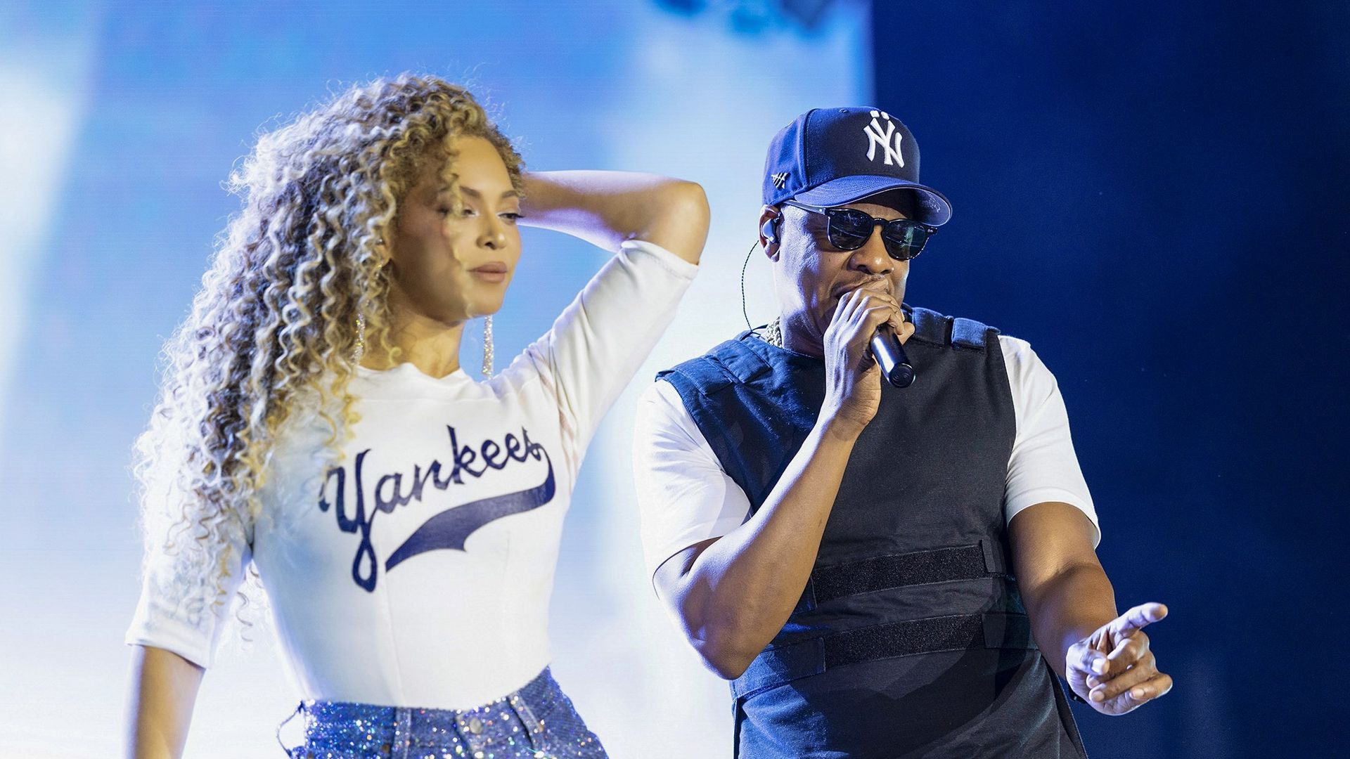 Beyoncé on stage with Jay-Z as he delivered a career-spanning hometown spectacle during his "Extra Innings" concert at Yankee Stadium