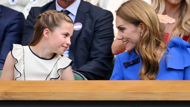 LONDON, ENGLAND - JULY 13: Princess Charlotte of Wales and Catherine, Princess of Wales attend day fourteen of the Wimbledon Tennis Championships at the All England Lawn Tennis and Croquet Club at All England Lawn Tennis and Croquet Club on July 13, 2025 in London, England. (Photo by Karwai Tang/WireImage)