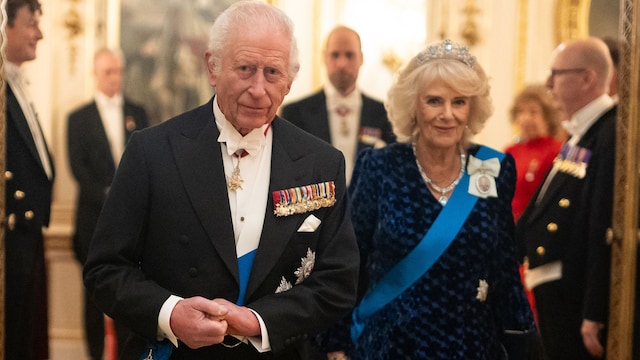 LONDON, ENGLAND - NOVEMBER 13: King Charles III and Queen Camilla arrive to the Diplomatic Corps reception at Buckingham Palace on November 19, 2024 in London, England. (Photo by Aaron Chown - WPA Pool/Getty Images)