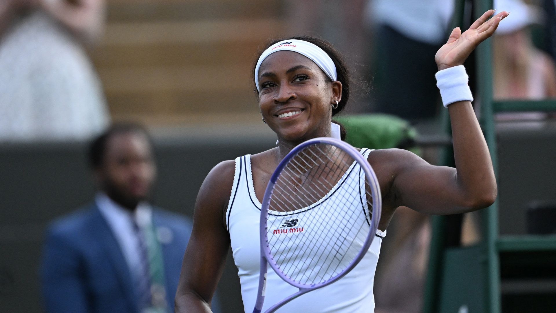 US player Coco Gauff celebrates winning Germany's Tamara Korpatsch during their women's singles first round tennis match on the first day of the 2026 Wimbledon Championships at The All England Lawn Tennis and Croquet Club in Wimbledon, southwest London, on June 29, 2026. (Photo by Kirill KUDRYAVTSEV / AFP via Getty Images) / RESTRICTED TO EDITORIAL USE 