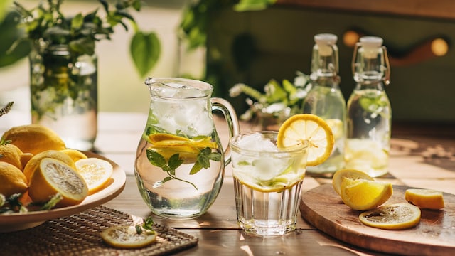lemonade in glass jug on wooden table outdoors. Summer refreshing drink. Cold detox water with lemon 