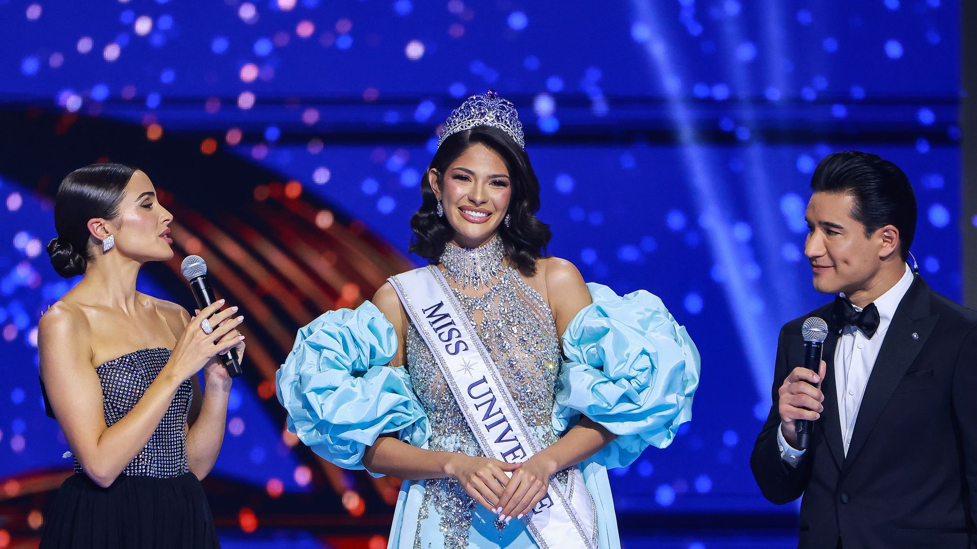 Miss Universe 2023 Sheynnis Palacios, speaks during The 73rd Miss Universe Competition - show at Arena Ciudad de Mexico on November 16, 2024 in Mexico City, Mexico. (Photo by Hector Vivas/Getty Images)