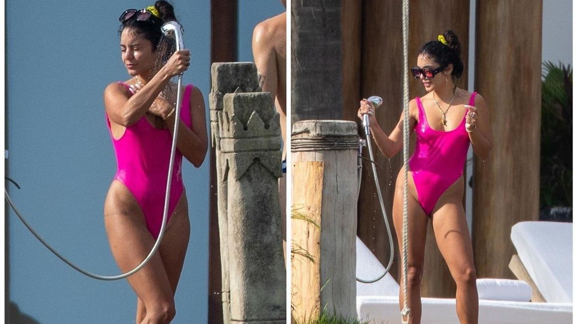 Vanessa Hudgens attends bachelorette party in hot pink bathing suit