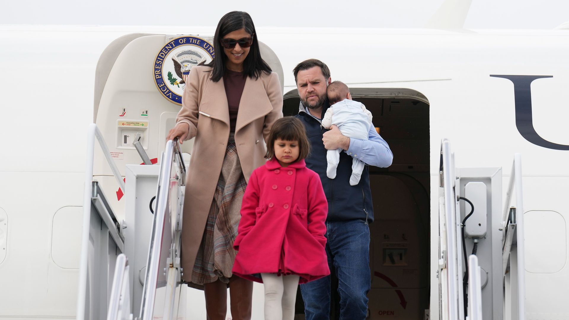 Vice President JD Vance exits Air Force Two with second lady Usha Vance and two of their children, Mirabel Vance and Alec Vance