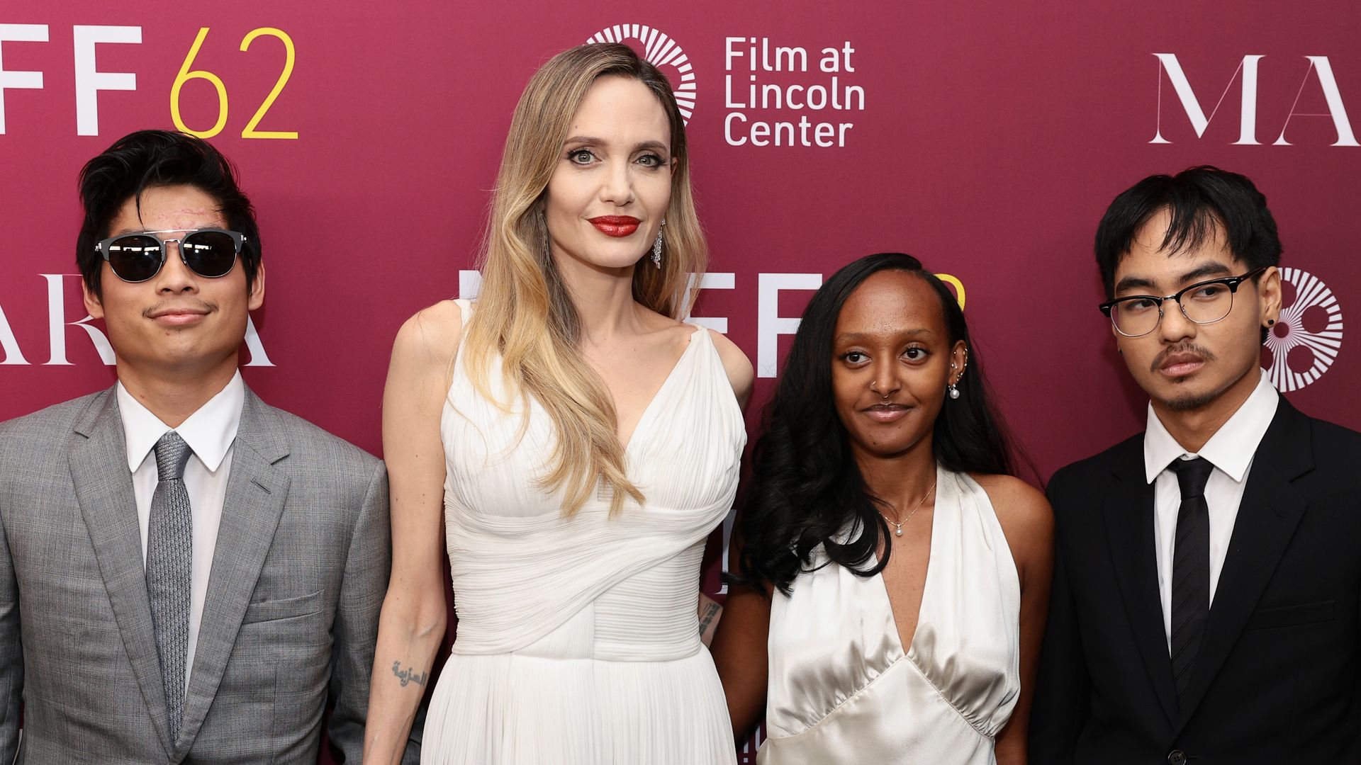 NEW YORK, NEW YORK - SEPTEMBER 29: (L-R) Pax Thien Jolie-Pitt, Angelina Jolie, Zahara Marley Jolie and Maddox Chivan Jolie-Pitt attend the "Maria" screening during the 62nd New York Film Festival at Alice Tully Hall, Lincoln Center on September 29, 2024 in New York City. (Photo by Dimitrios Kambouris/Getty Images for FLC) 