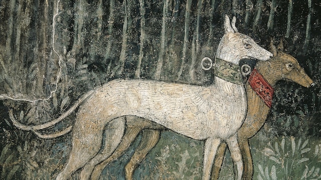 ITALY - CIRCA 2002: Pair of hunting dogs, detail of a fresco by an unknown 15th century artist. Villa Borromeo, Oreno Vimercate. Italy, 15th century. (Photo by DeAgostini/Getty Images) 