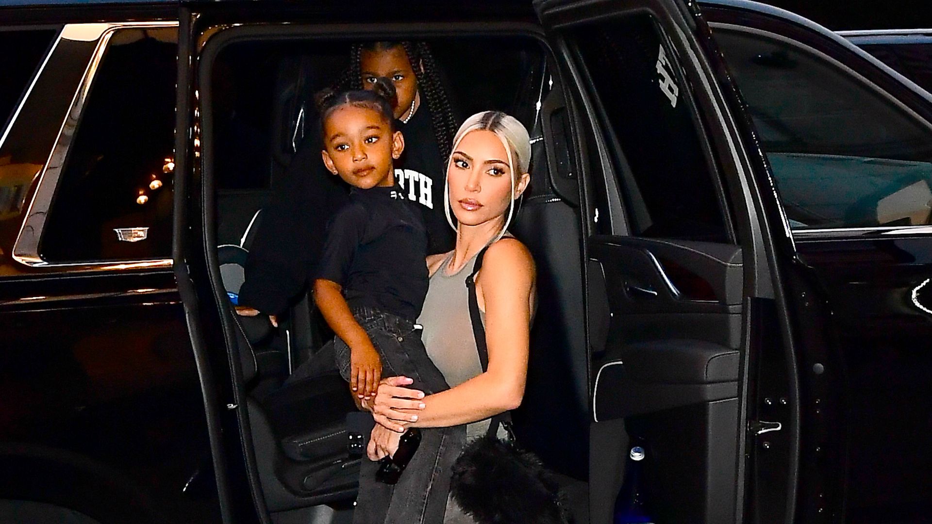 NEW YORK, NY - JULY 12:  Chicago West, Kim Kardashian and North West are seen in Midtown on July 12, 2022 in New York City.  (Photo by Raymond Hall/GC Images) 