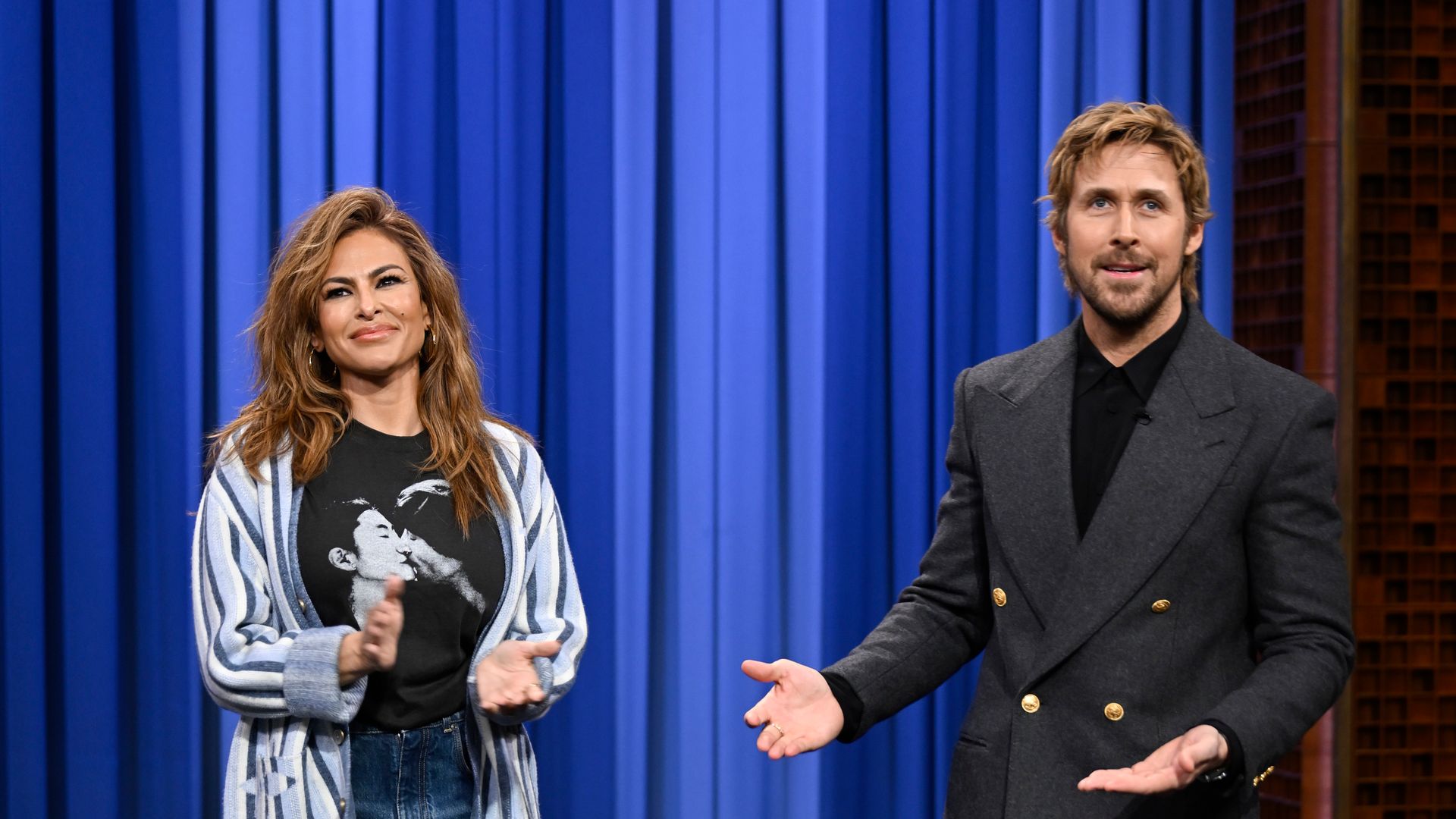 THE TONIGHT SHOW STARRING JIMMY FALLON -- Episode 2261 -- Pictured: (l-r) Actress Eva Mendes and actor Ryan Gosling during a surprise on Thursday, March 5, 2026 -- (Photo by: Todd Owyoung/NBC via Getty Images)

