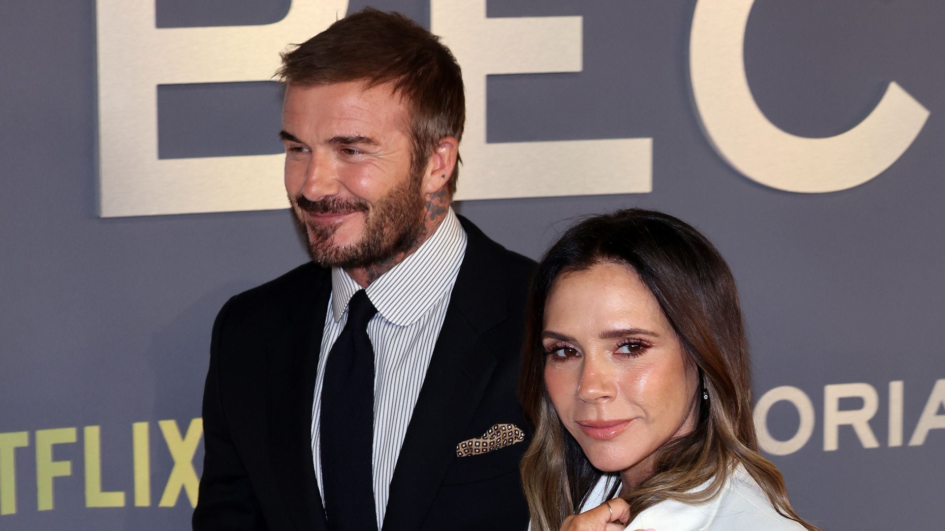 David Beckham and Victoria Beckham attend the "Victoria Beckham" World Premiere at the Curzon Mayfair on October 08, 2025 in London, England.
