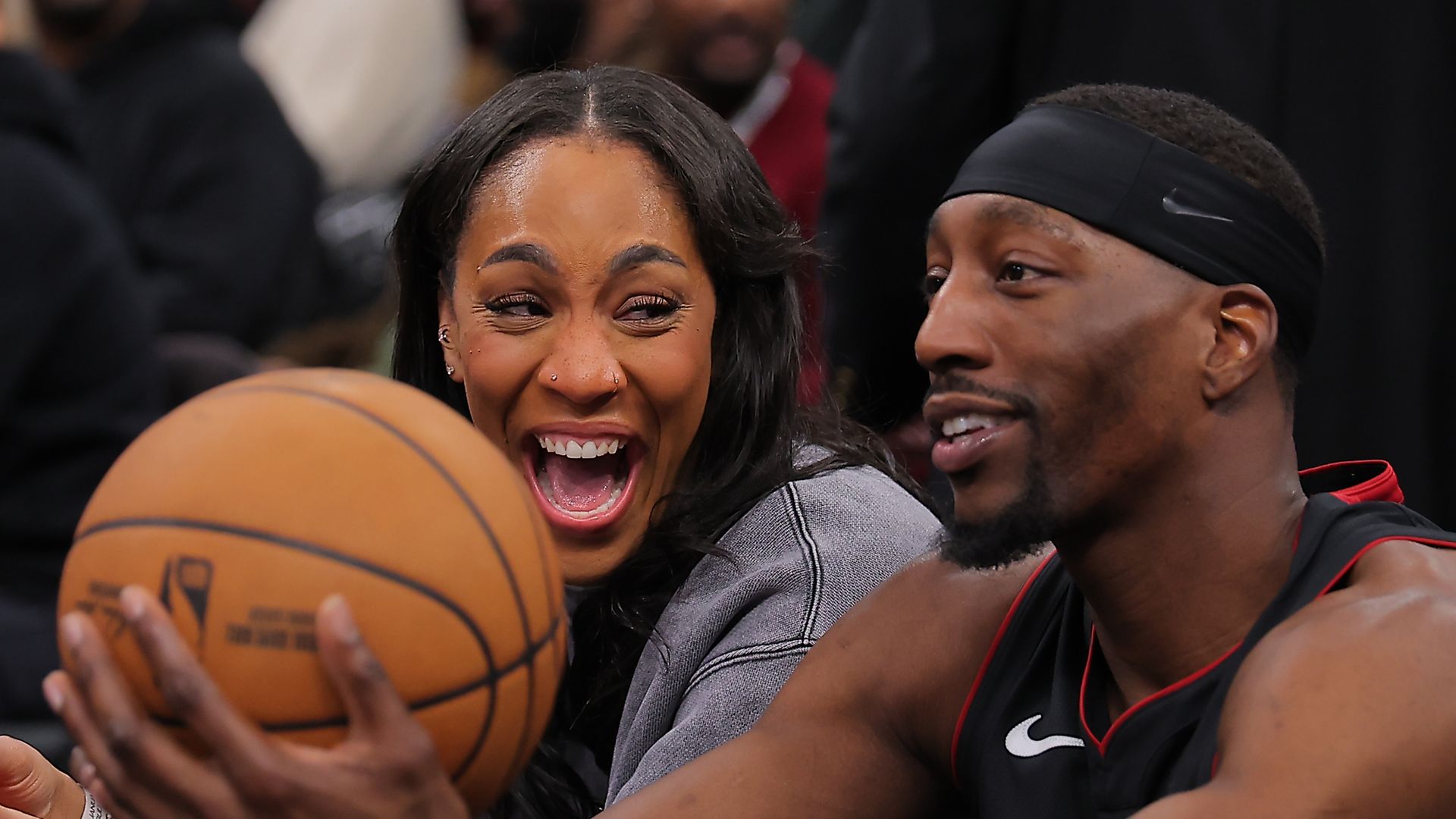 CHICAGO, IL - JANUARY 08: A'ja Wilson and Bam Adebayo #13 of the Miami Heat look on during a delay of a game between the Chicago Bulls and the Miami Heat game on January 8, 2026 at the United Center in Chicago, Illinois. (Photo by Melissa Tamez/Icon Sportswire via Getty Images) 