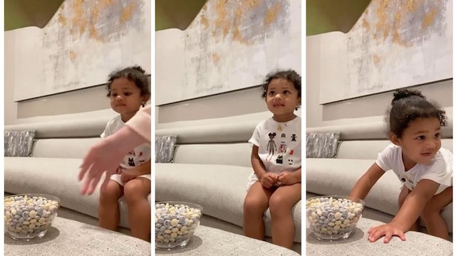 Kylie Jenner daugher Stormi doing the candy challenge