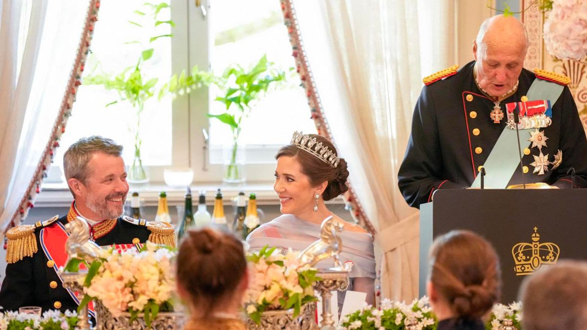 Mary looks every inch a Queen on her wedding anniversary wearing Pearl Poiré tiara for the first time