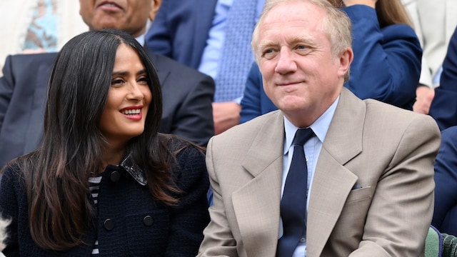 Salma Hayek and Francois-Henri Pinault attend day seven of the Wimbledon Tennis Championships at the All England Lawn Tennis and Croquet Club on July 07, 2024, in London, England. 