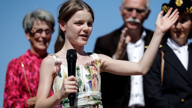 Princess Gabriella of Monaco, Countess of Carladez, blows a kiss at the crowd as part of a visit to Carladez, a former possession of the Principality of Monaco, in Mur-de-Barrez, southern France on July 9, 2025. (Photo by Valentine CHAPUIS / AFP) / NO TABLOIDS WEB & PRINT, NO DAILY MAIL, NO DAILY MAIL GROUP, NO VOICI, NO CLOSER (Photo by VALENTINE CHAPUIS/AFP via Getty Images)          