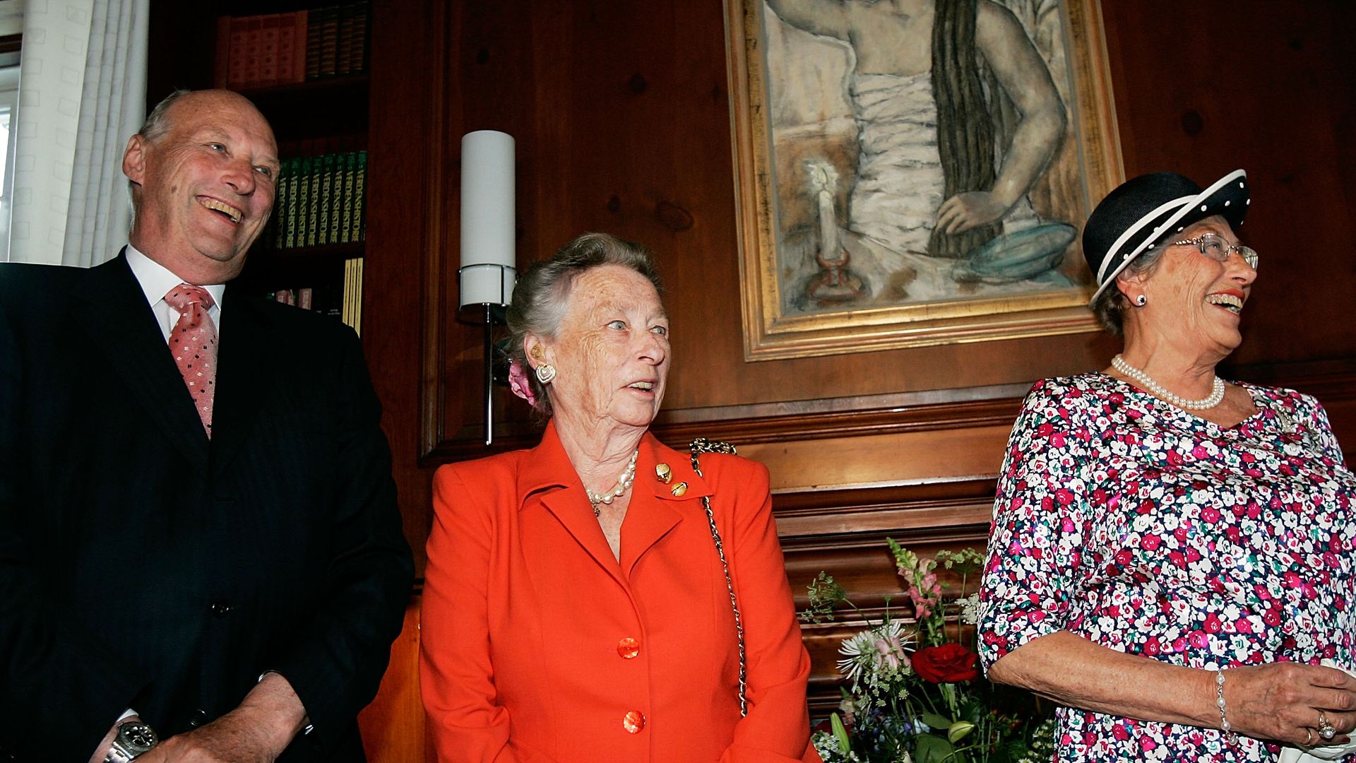 King Harald V, Princess Ragnhild and Princess Astrid of Norway answer questions from the media in 2005 